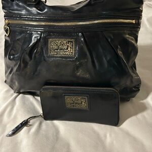 Coach Black Patent Leather Shoulder Bag and Matching Wallet Set